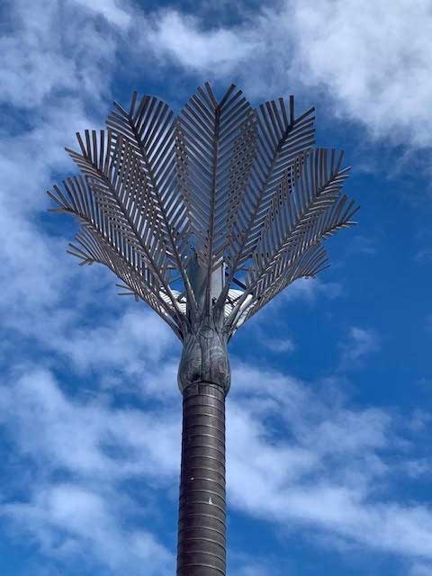 The silver nikau palm sculpture against a blue Wellington sky